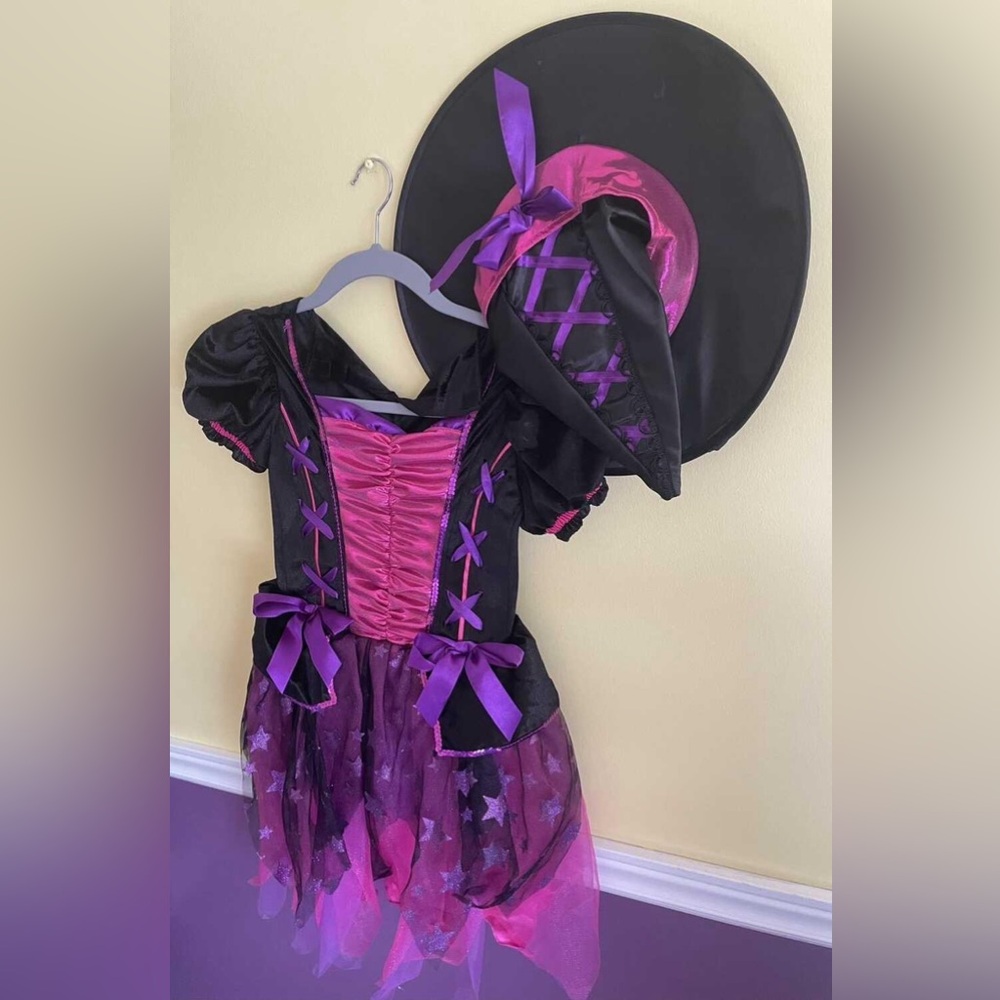 Light-up Kids Witch Costume - Black, purple and pink with hat and wand